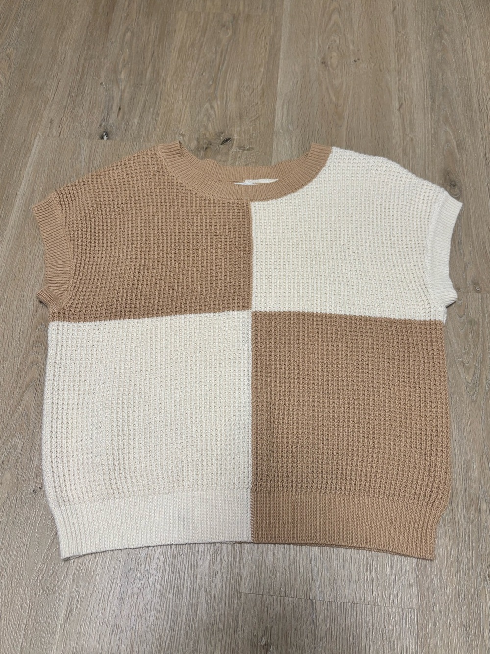 Francesca's Collections Two-Tone Cream and Tan Checker Sweater